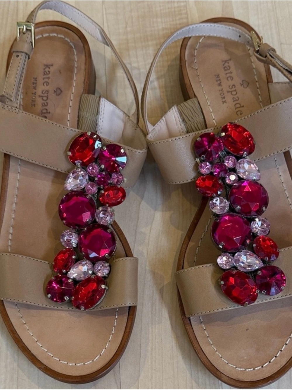 kate spade Nude Leather Slingback Sandals with Pink & Red Gem Embellishments